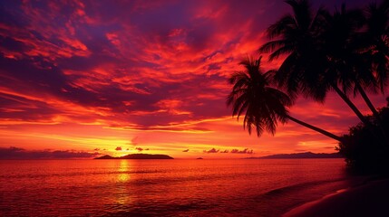 A breathtaking sunset over a tropical beach with silhouetted palm trees, vibrant red and orange hues in the sky reflecting on the calm ocean water, creating a stunning and tranquil scene