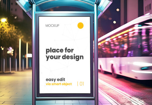 Backlight sign mockup bus stop wet floor 04 Generative Ai