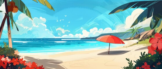 Obraz premium Summer Landscape. A beautiful beach with palm trees and white sand, waves crashing on the shore.