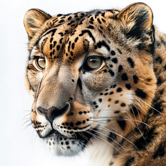 Snow leopard, white background studio light.