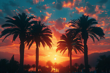 Palm trees silhouetted against a sunset