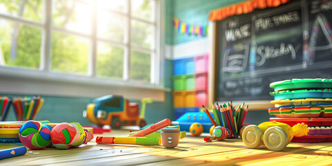 Nurturing Teacher's Classroom: Kid-friendly desk with toys, crayons, and a chalkboard.