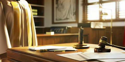 Ambitious Lawyer's Court: Serious desk with legal documents, a gavel, and a judge's robe.