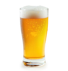 A glass of beer is sitting on a white background