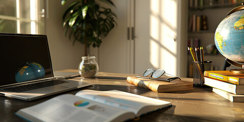 Bold Entrepreneur's Vision: Confident desk with a laptop, business book, and a globe.