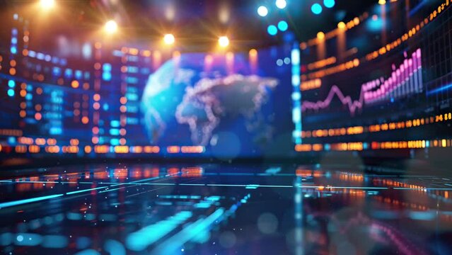 Fusion of technology and journalism in 3D virtual TV studio with digital globe illustrating worldwide events.