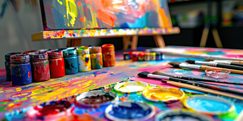 Fototapeta premium Vibrant Artist's Pallet: Colorful desk with paints, brushes, and a canvas.