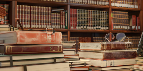 Fototapeta premium Meticulous Librarian's Order: Organized desk with books, glasses, and a card catalog.