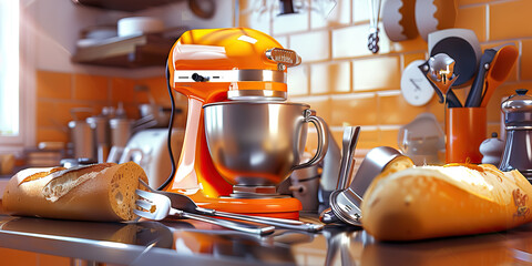 Passionate Chef's Whirl: Speed-themed desk with a mixer, spatulas, and a baguette.