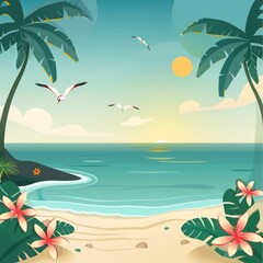 Summer Landscape. A beautiful beach with palm trees and white sand, waves crashing on the shore.