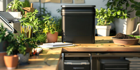 Fototapeta premium Sustainable Designer's Den: Ecofriendly desk with plants, sketchpad, and a compost bin.