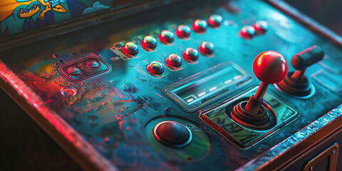 Retro Arcade: An old-fashioned arcade game cabinet with a vintage joystick and buttons.