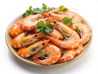 Pile of boiled shrimps on the plate on white background. Ai generated
