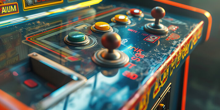 Retro Arcade: An old-fashioned arcade game cabinet with a vintage joystick and buttons.