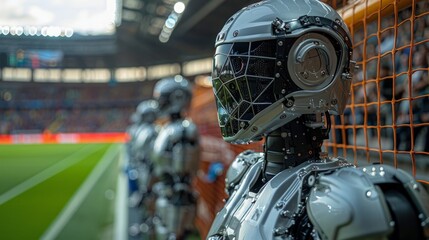 Fototapeta premium AI-enhanced match officiating: Robot referees equipped with AI technology ensuring fair and accurate decisions during the game -