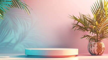 product podium on pastel background with tropical leaves