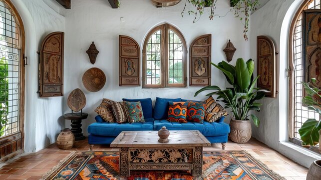 A vibrant Mediterranean living room with white stucco walls and terracotta tile flooring The room features a blue velvet sofa with patterned cushions