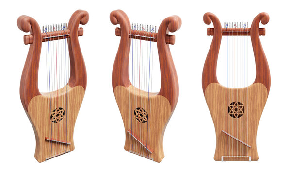 Hebrew Lyre - Kinnor. An ancient stringed musical instrument called as Kinnor in a modern appearance. The Kinnor is a type of Lyre. 3D rendering graphics isolated on transparent background.