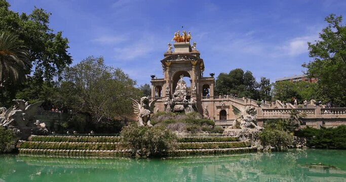 Barcelona Spain Parc de la Ciutadella Quadriga de l Aurora. Home to 4.8 million people. Cultural center and a major tourist destination. Mediterranean Sea..