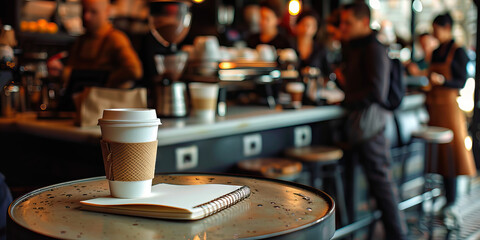 Bustling Coffee Shop: A small table with a coffee cup and a notebook, amidst busy baristas and customers in the background.