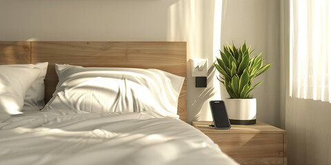 Minimalist Bedroom: Clean and simple bed with a modern smartphone and a plant on the nightstand.