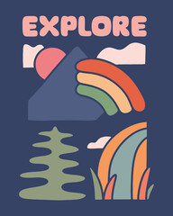 Explore the nature rainbow mountain for badge sticker graphic illustration vector art t-shirt design