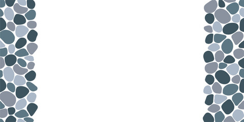 Pebble border frame vector illustration. Cute summer gravel background. Smooth stones card for interior designs, beauty and fashion,travel,. River and sea rounded doodle cobblestones backdrop