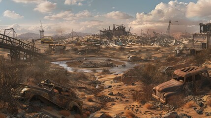 Obraz premium A post-apocalyptic landscape featuring a dried-up riverbed, scattered with the remnants of a war-torn civilization, including abandoned vehicles and machinery