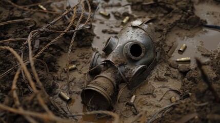 Fototapeta premium A discarded gas mask lying in the mud, surrounded by spent bullet casings and barbed wire, a chilling reminder of the brutality and environmental impact of war