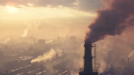 A factory chimney belching out thick, toxic smoke into an already smoggy sky, with a sprawling, polluted cityscape visible in the background