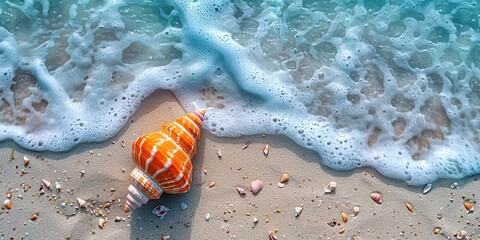 Obraz premium Sea water, sand and sea shells as background. Summer beach. Summer background. Top view.