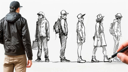 Architecture hand drawn human figures, man, woman, watercolor black outline drawings turnaround page, white background. Vector sketch for storyboard, Architecture projects