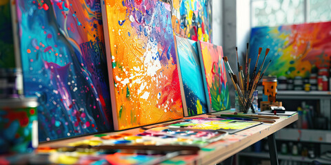 Naklejka premium Bold & Bright Artistic Studio: A desk with a vibrant background, showcasing colorful paintings and artist's tools