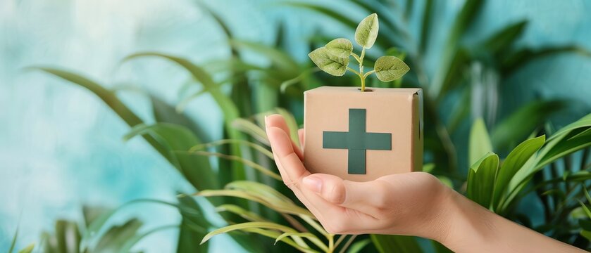 Health and wellness theme with hand holding plus sign, symbolizing benefits, growth, and personal development