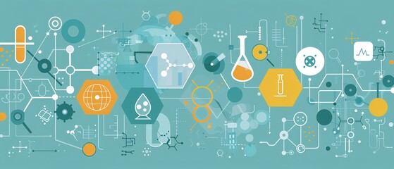 Innovation medicine concept with flat icons on an abstract background, featuring breakthroughs in medical research and biotechnology