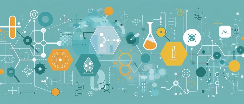 Innovation medicine concept with flat icons on an abstract background, featuring breakthroughs in medical research and biotechnology