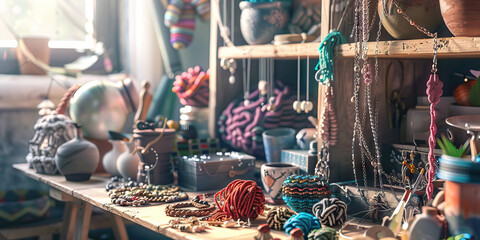 Handmade Haven: A desk filled with handcrafted items like jewelry, pottery, and knitted goods, representing a crafter's personal touch