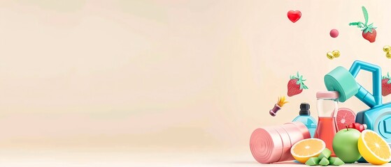 Healthy lifestyle with fitness icons and exercise gear background, highlighting fitness routines, wellness apps, and healthy living