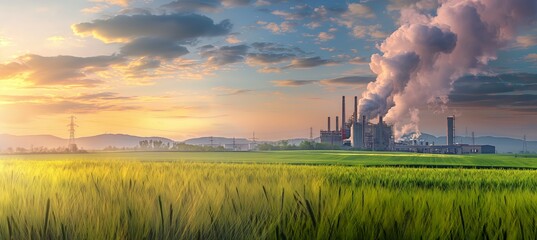 Power station emitting smoke with green fields and sunset sky in the background, depicting global climate change.