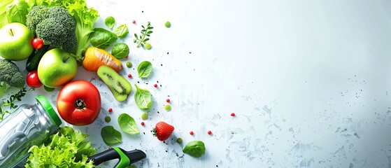 Healthy diet and fitness gear for lifestyle background, emphasizing clean eating, regular exercise, and wellness routines