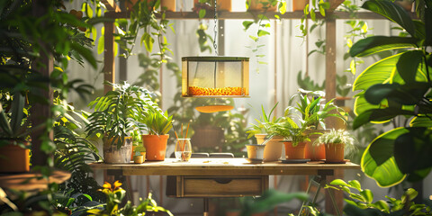 Nature's Bounty: A desk surrounded by potted plants, with a bird feeder hanging overhead, creating a peaceful and eco-friendly workspace
