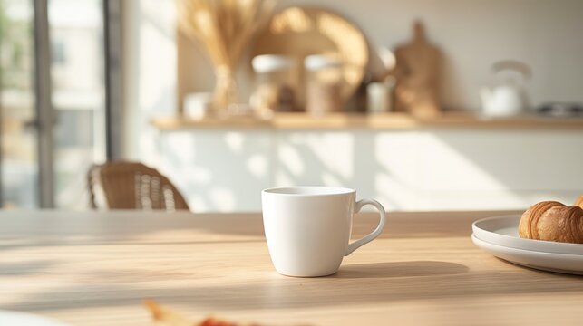 White coffee mug on wooden table in kitchen with croissants.