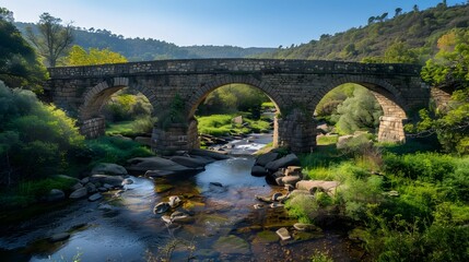 Ancient stone bridge over a serene river in a lush green valley
