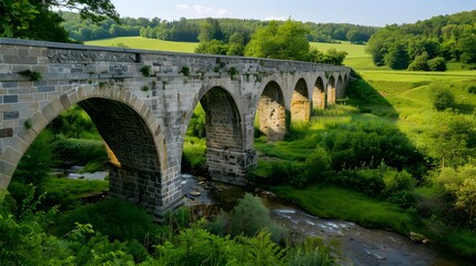 Fototapeta premium Old stone bridge over a tranquil river with green hills in the background