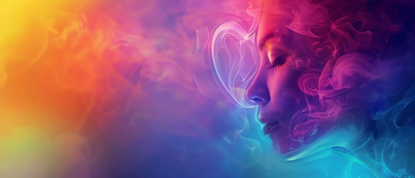 Rainbow smoke forming the shape of a heart around a persons face, highlighting themes of love, acceptance, and identity