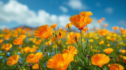 A beautiful view of vibrant orange California poppies blooming in a sunlit field against a blue sky