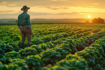 Fototapeta premium A farmer tending to a field of vegetables at sunrise. Concept of agriculture and dedication. Generative Ai.