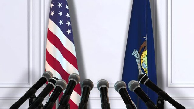 Maine and USA Flags with Microphones. Official Press Conference of States of America Government