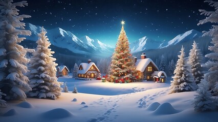 christmas background with snow and village