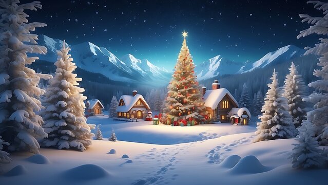 christmas background with snow and village